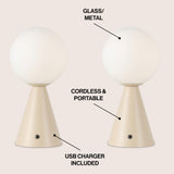Helios 11.75" Modern Minimalist Globe Rechargeable/Cordless Dimmable Integrated LED Table Lamp with Touch Sensor Set 2
