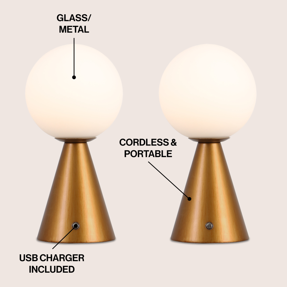 Helios 11.75" Modern Minimalist Globe Rechargeable/Cordless Dimmable Integrated LED Table Lamp with Touch Sensor Set 2