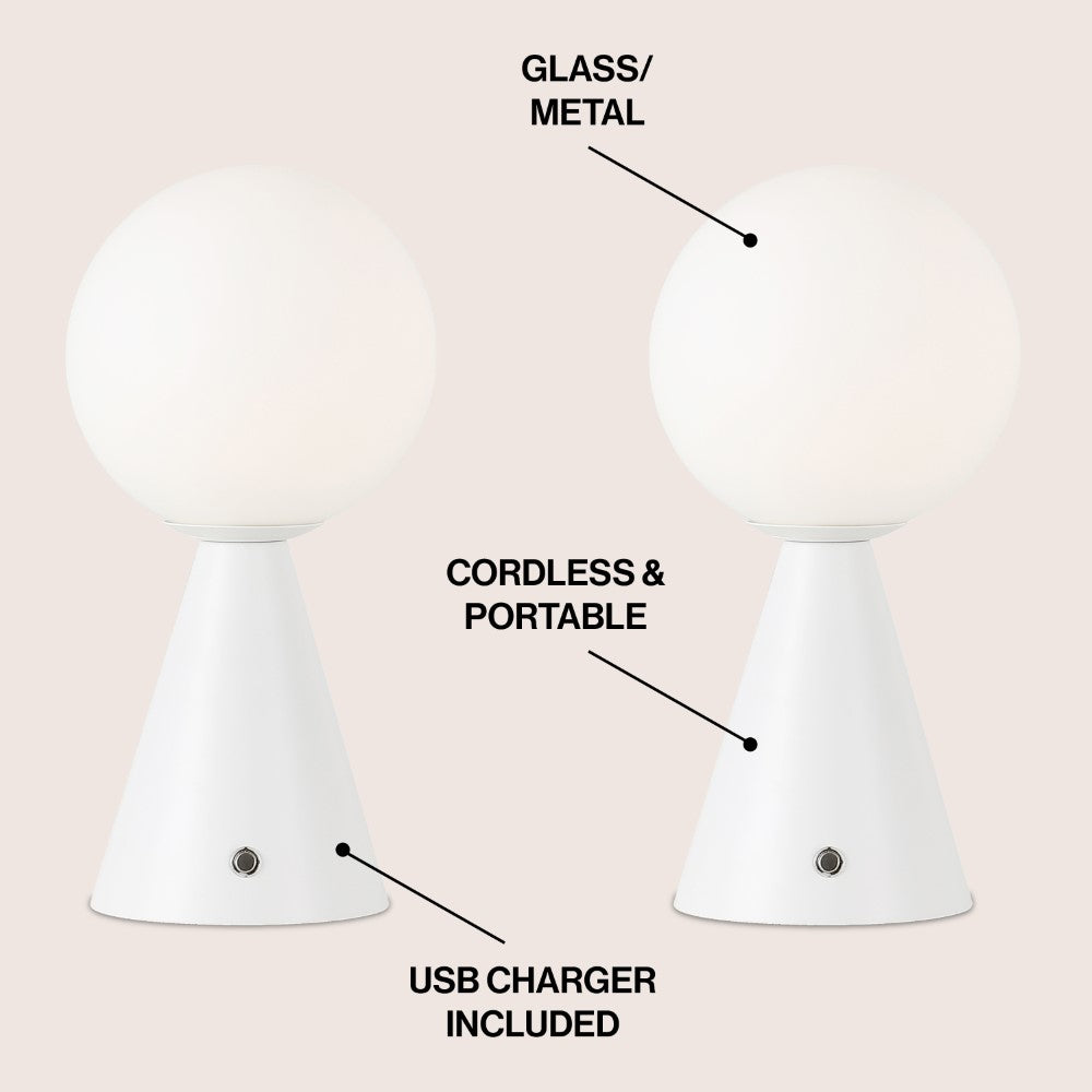 Helios 11.75" Modern Minimalist Globe Rechargeable/Cordless Dimmable Integrated LED Table Lamp with Touch Sensor Set 2