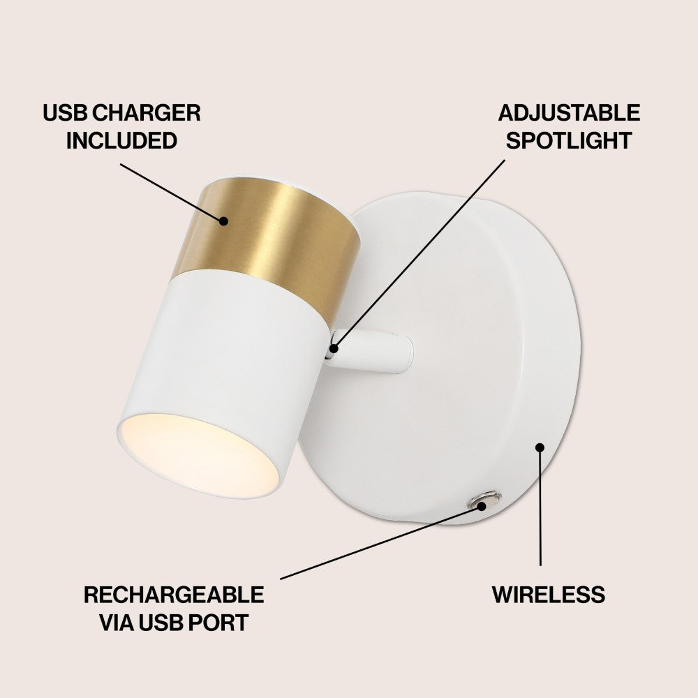 Hawk 6" 1-Light Modern Adjustable Head Integrated Dimmable LED Rechargeable Wall Spotlight with Touch Sensor