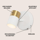 Hawk 6" 1-Light Modern Adjustable Head Integrated Dimmable LED Rechargeable Wall Spotlight with Touch Sensor