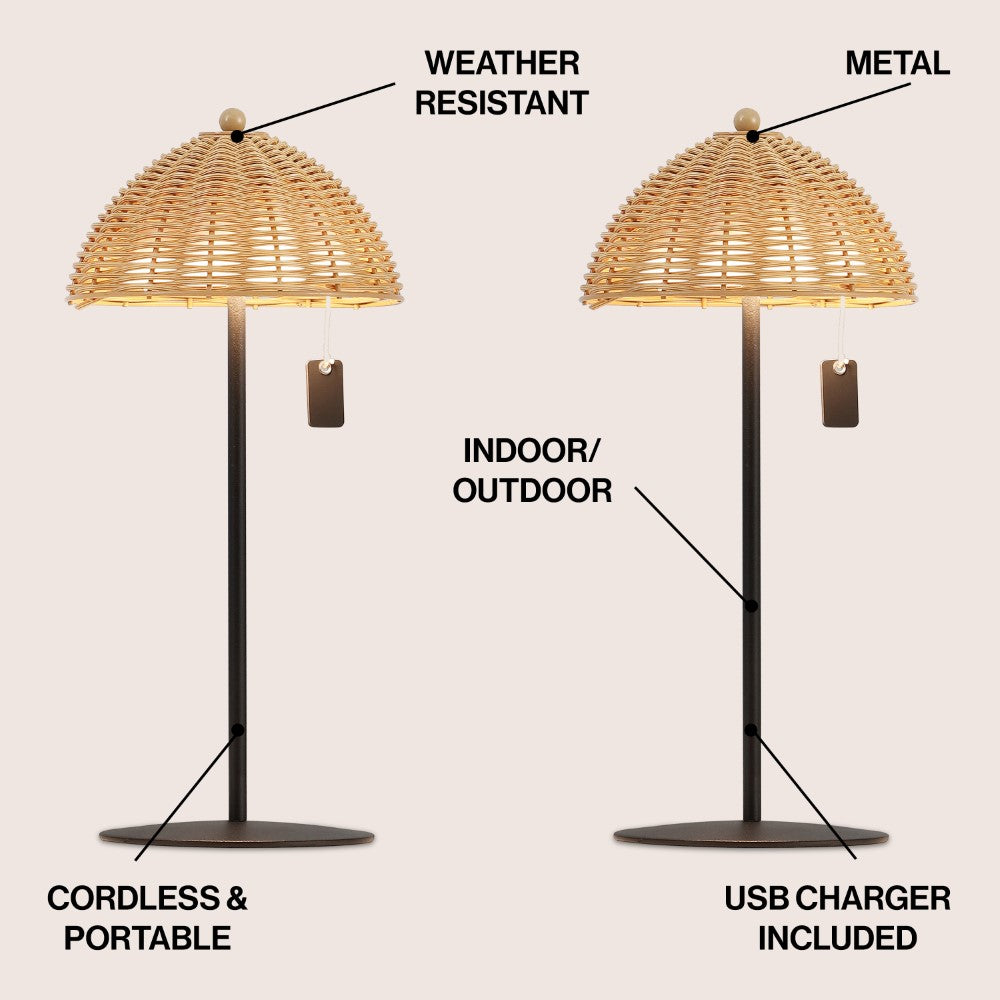 Ardath 12.75" Modern Coastal Indoor/Outdoor Wicker Shade Rechargeable/Cordless Dimmable Integrated LED Table Lamp Set 2