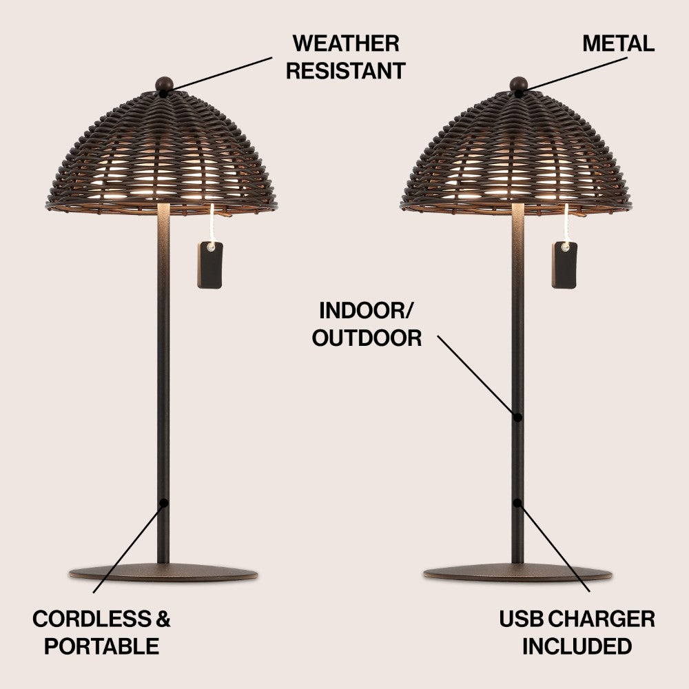 Ardath 12.75" Modern Coastal Indoor/Outdoor Wicker Shade Rechargeable/Cordless Dimmable Integrated LED Table Lamp Set 2