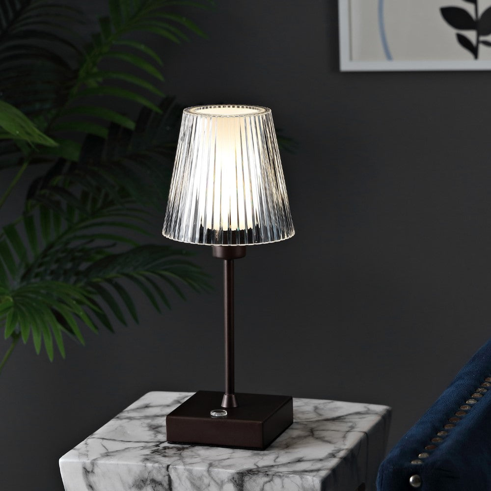 Ariston Modern Industrial Rechargeable/Cordless Iron/Acrylic Integrated LED Table Lamp with Ribbed Shade