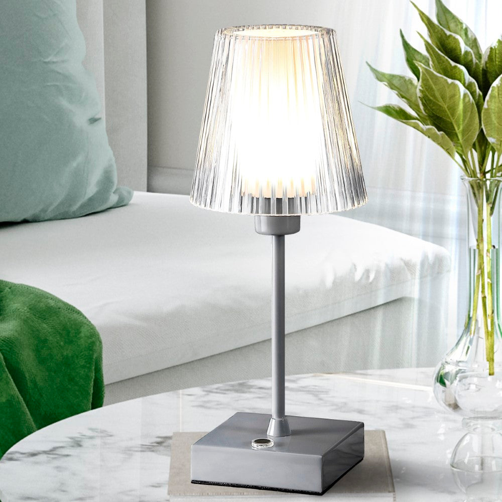 Ariston Modern Industrial Rechargeable/Cordless Iron/Acrylic Integrated LED Table Lamp with Ribbed Shade