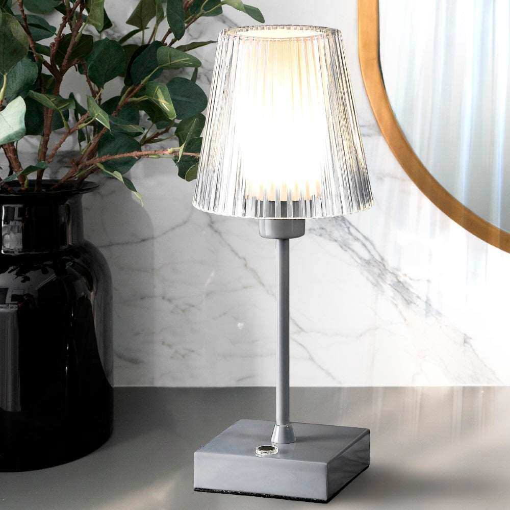 Ariston Modern Industrial Rechargeable/Cordless Iron/Acrylic Integrated LED Table Lamp with Ribbed Shade
