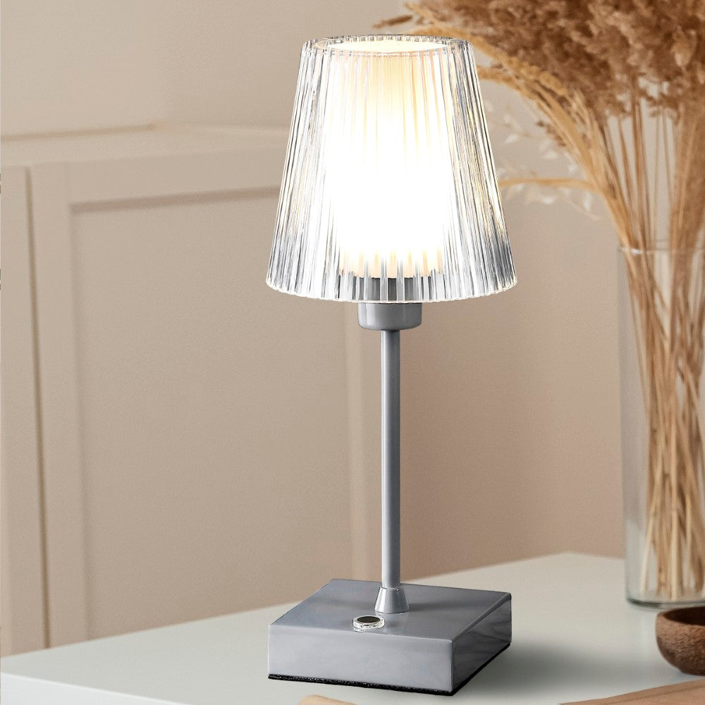 Ariston Modern Industrial Rechargeable/Cordless Iron/Acrylic Integrated LED Table Lamp with Ribbed Shade