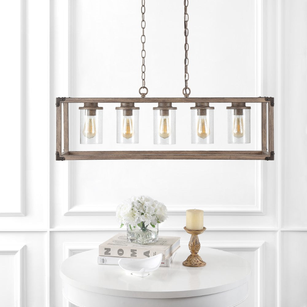Alica 36" 5-Light Linear Adjustable Iron/Seeded Glass Rustic Farmhouse LED Pendant