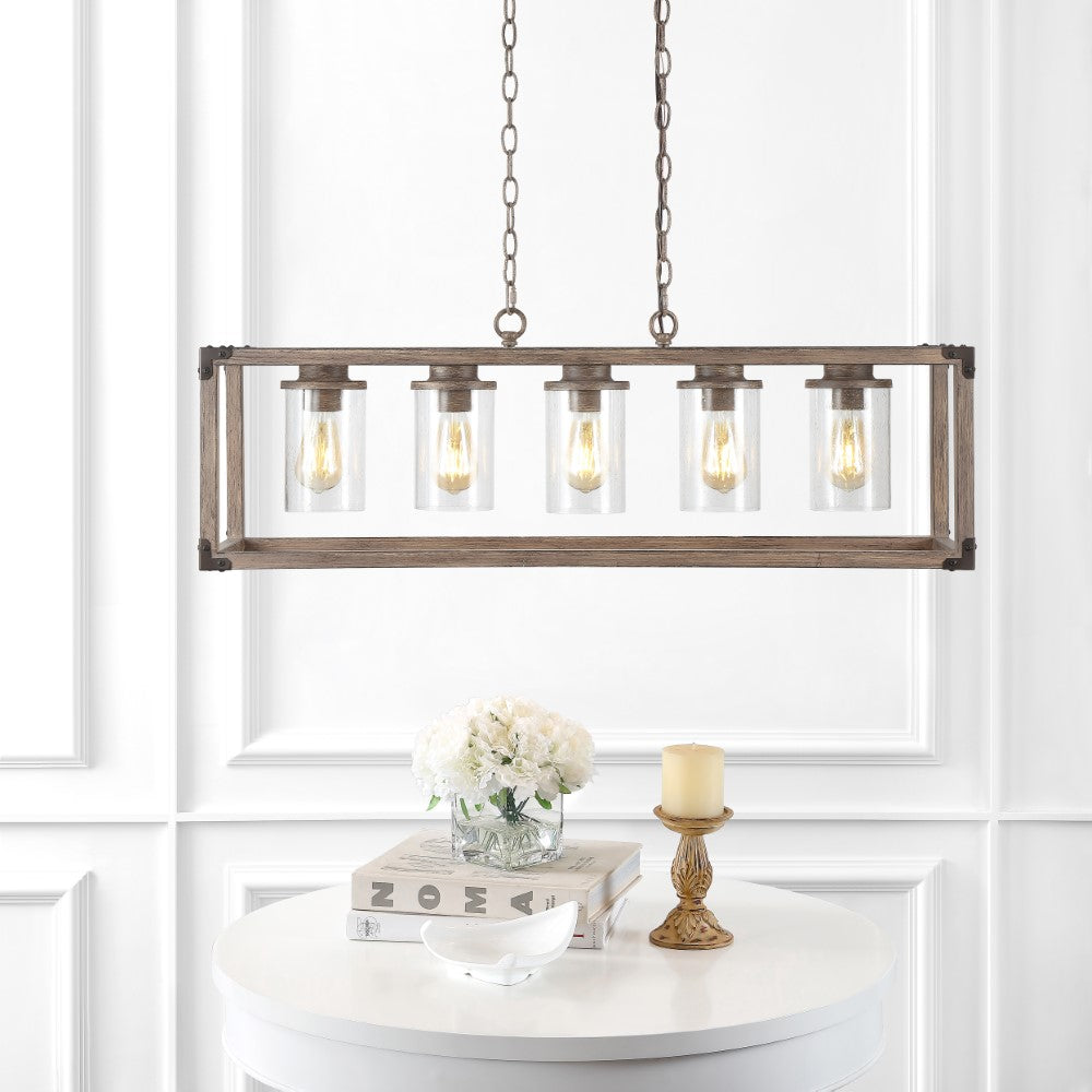 Alica 36" 5-Light Linear Adjustable Iron/Seeded Glass Rustic Farmhouse LED Pendant