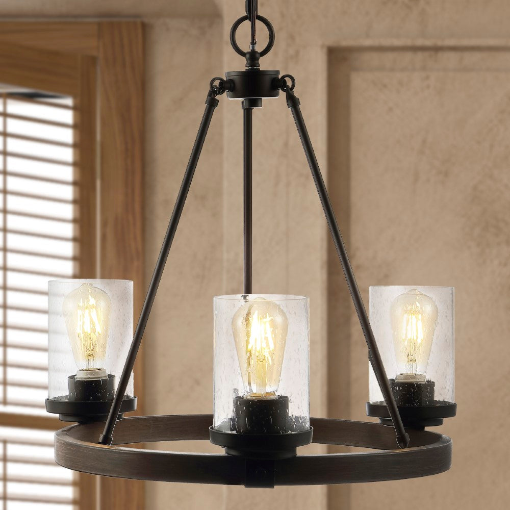 Quaddick 20" 3-Light Iron/Seeded Glass Rustic Farmhouse LED Chandelier