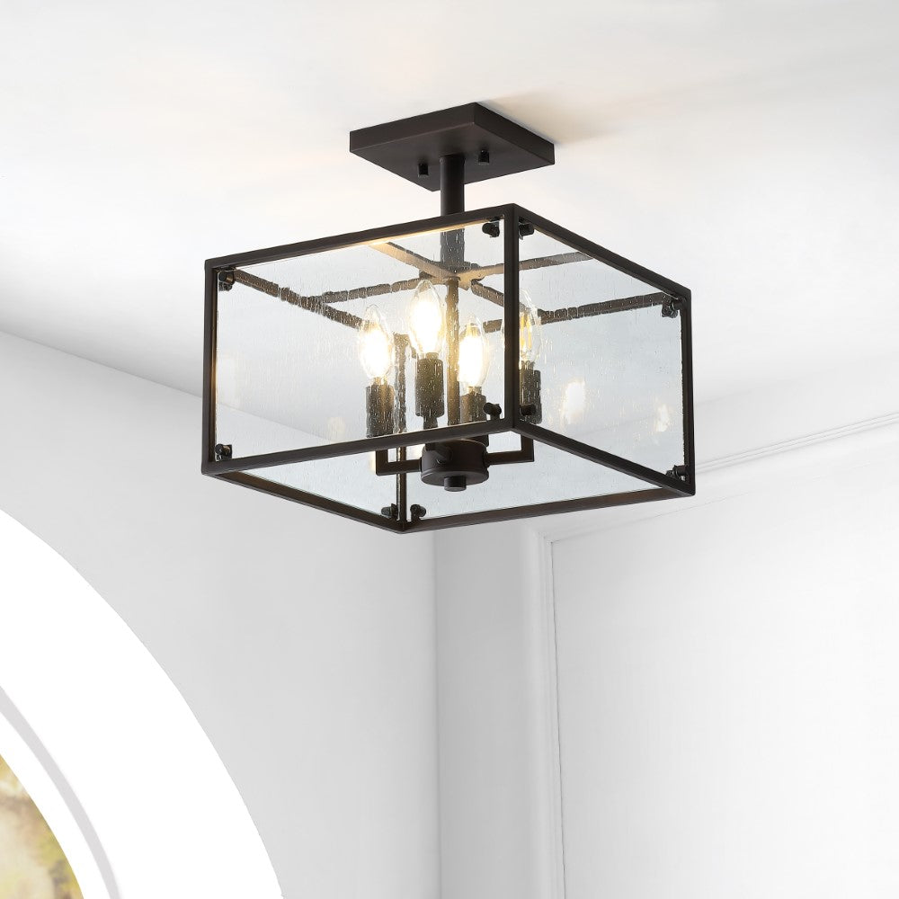Lums 13" 4-Light Iron/Seeded Glass Rustic Farmhouse LED Flush Mount
