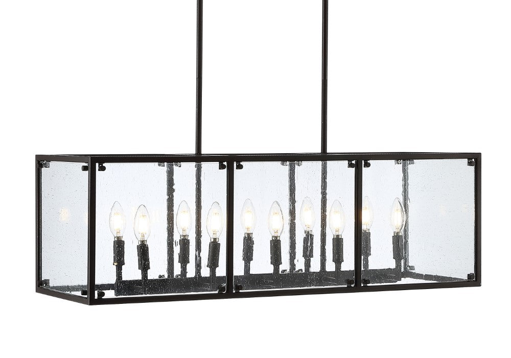Lums 35" Linear 10-Light Adjustable Iron/Seeded Glass Rustic Farmhouse LED Pendant