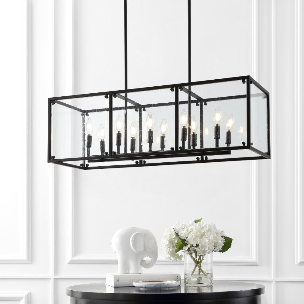 Lums 35" Linear 10-Light Adjustable Iron/Seeded Glass Rustic Farmhouse LED Pendant