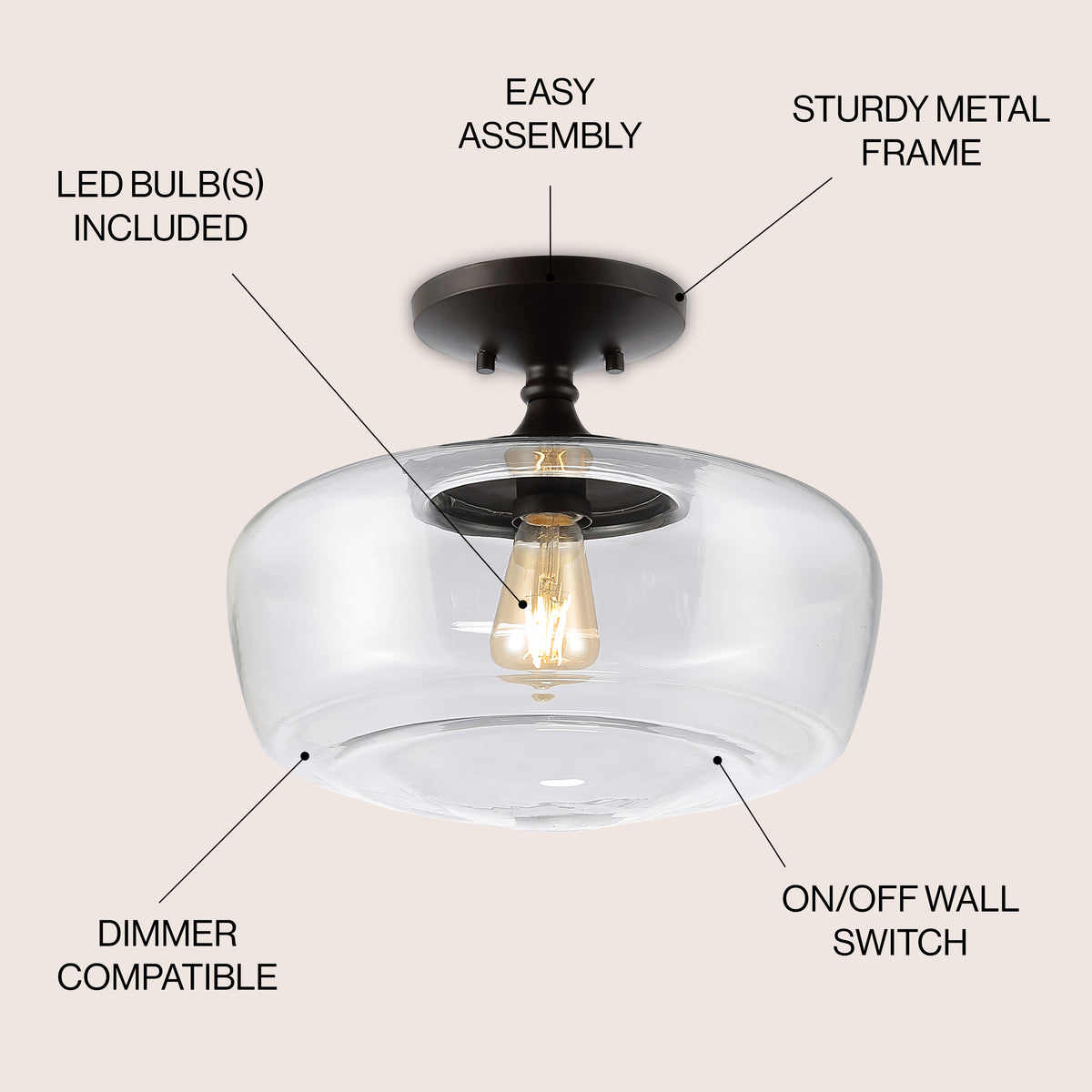 Abukamu 14" Glass/Iron Farmhouse Modern LED Flush Mount