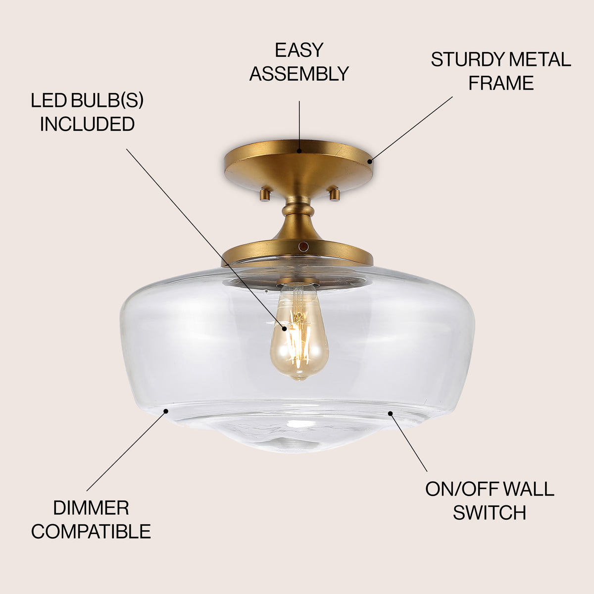 Abukamu 14" Glass/Iron Farmhouse Modern LED Flush Mount