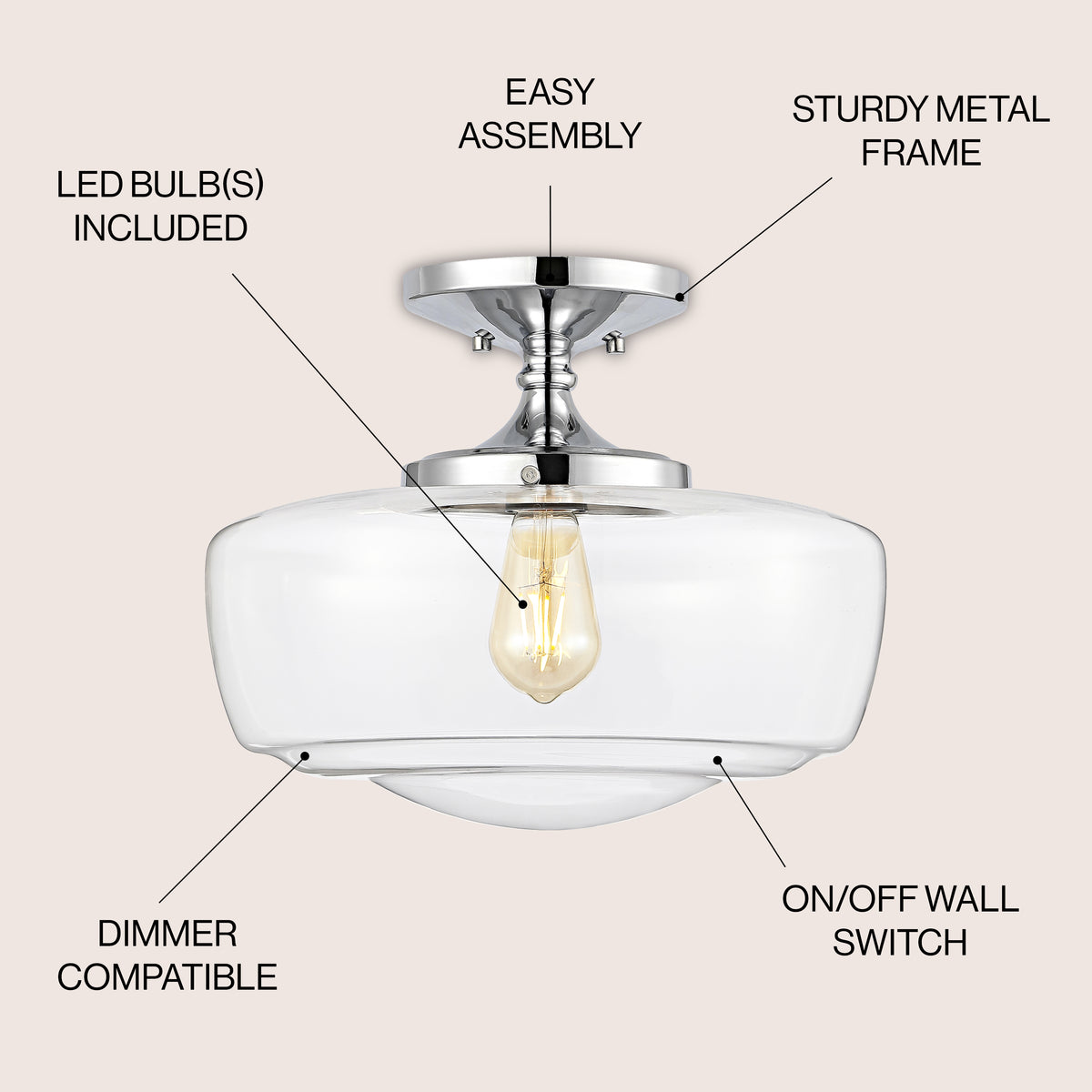 Abukamu 14" Glass/Iron Farmhouse Modern LED Flush Mount