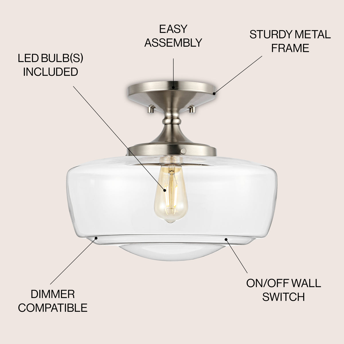 Abukamu 14" Glass/Iron Farmhouse Modern LED Flush Mount
