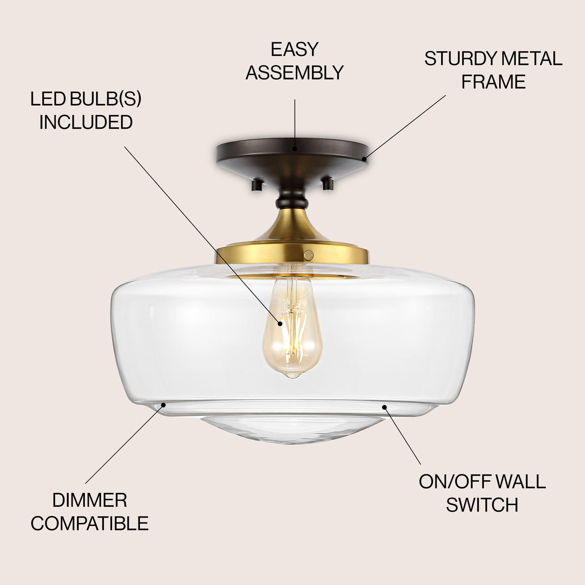 Abukamu 14" Glass/Iron Farmhouse Modern LED Flush Mount