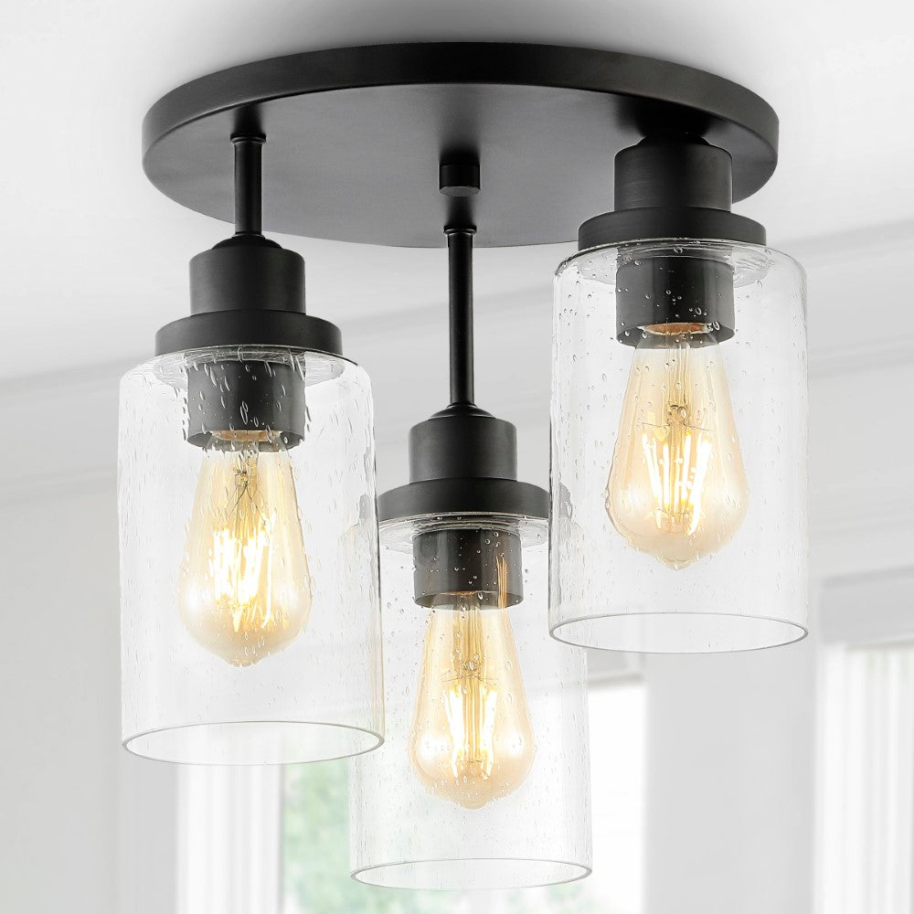 Joe 12" Bohemian Farmhouse Iron/Seeded Glass LED Semi Flush Mount