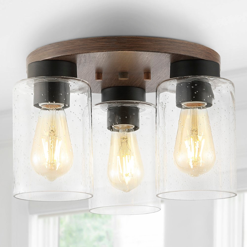Sandra 13" Bohemian Farmhouse Iron/Seeded Glass LED Semi Flush Mount