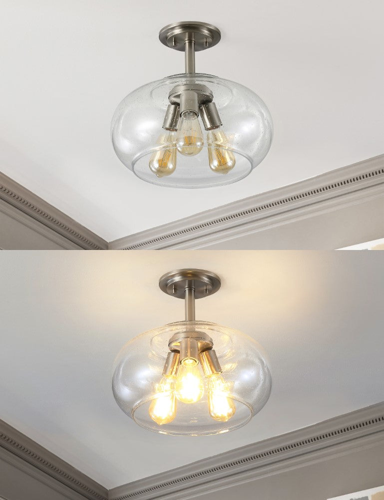 Clark 13.75" Modern Industrial Iron/Seeded Glass LED Semi Flush Mount