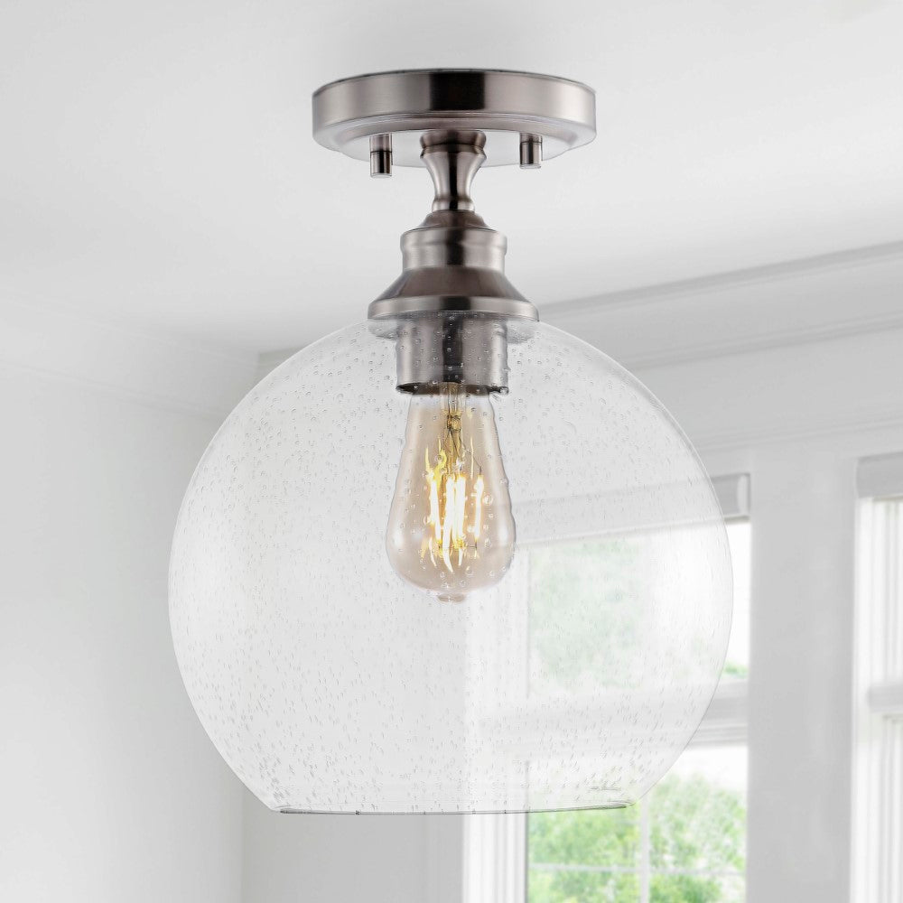 Gwen 9.75" Bohemian Farmhouse Iron/Seeded Glass LED Semi Flush Mount