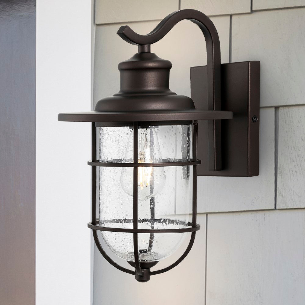 Aubrey 10.5" Iron/Seeded Glass Rustic Industrial Cage LED Outdoor Lantern