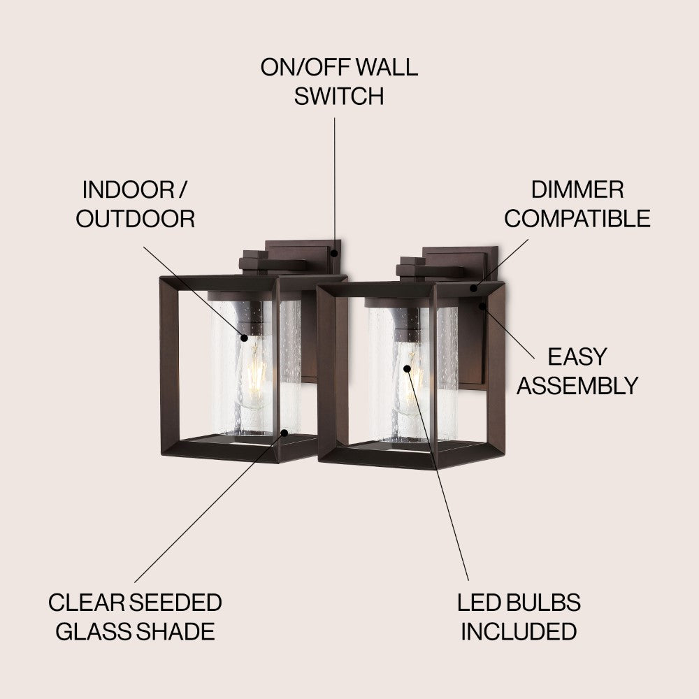 Shirley 7.25" Iron/Glass Modern Rustic Cube LED Outdoor Lantern Set 2