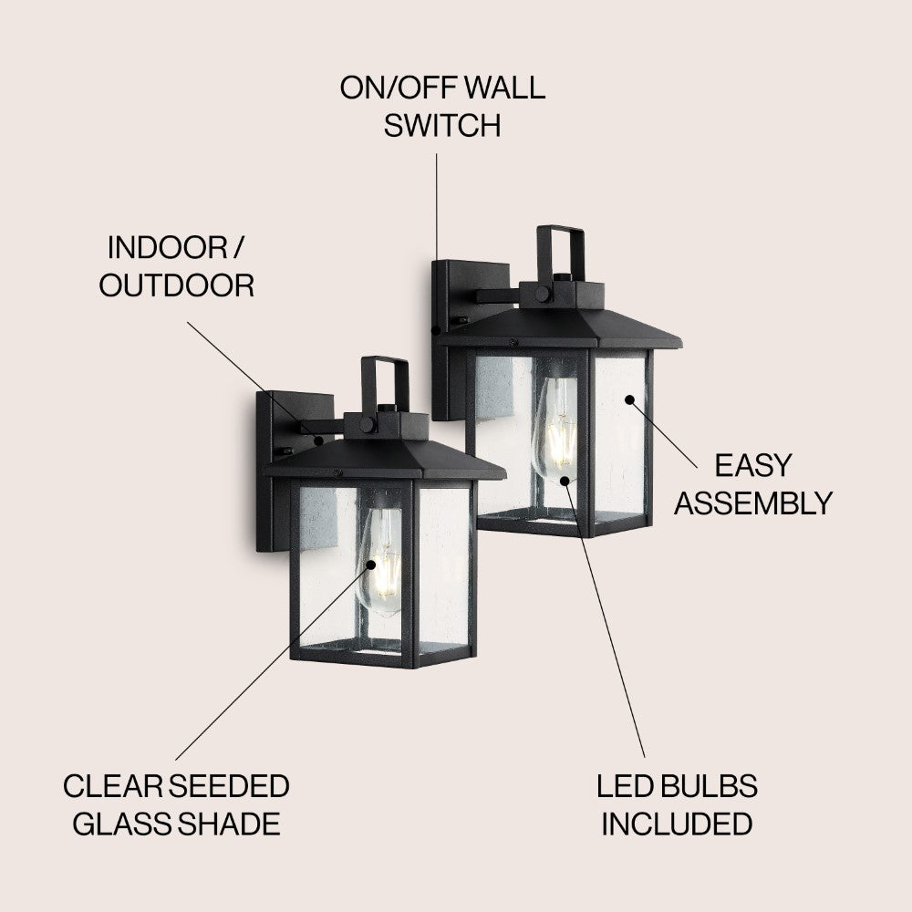 Donald 6.75" Iron/Seeded Glass Rustic Traditional Lantern LED Outdoor Lantern Set 2