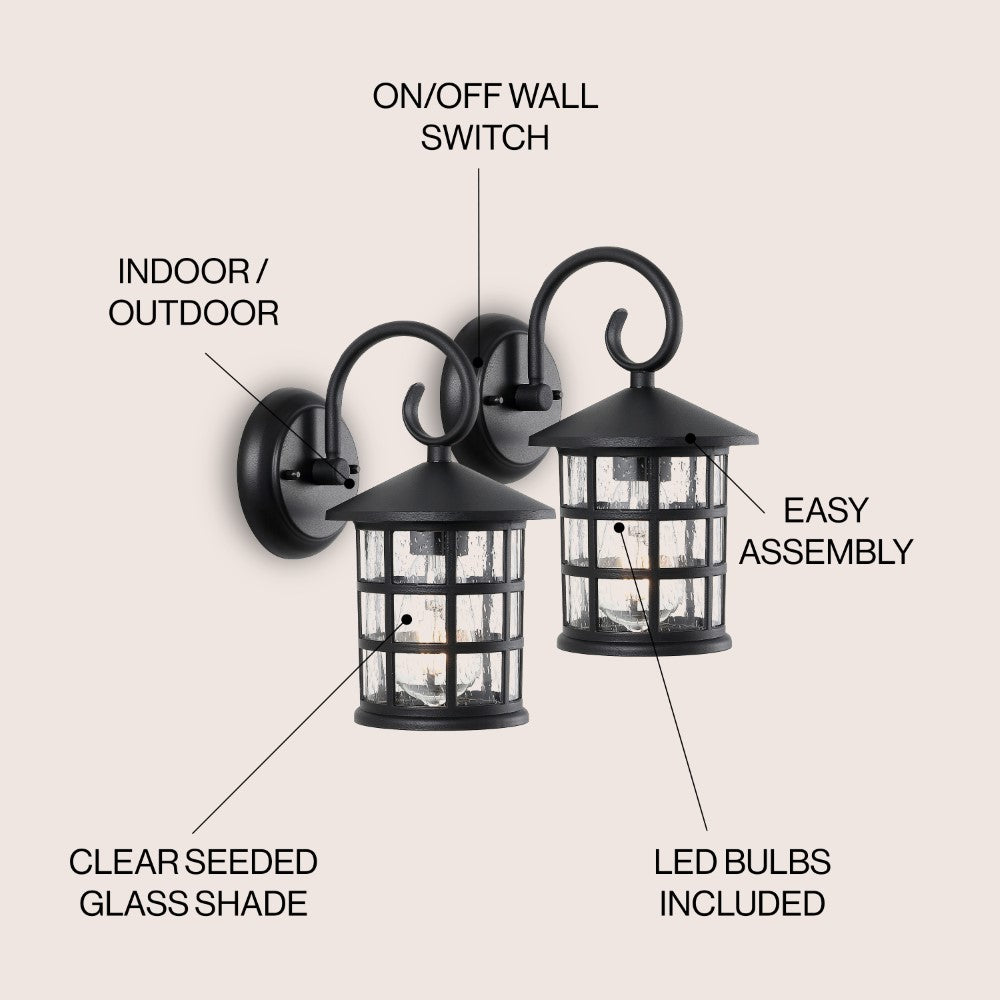 Enrique 6" Iron/Seeded Glass Cottage Rustic Scrolled Lantern LED Outdoor Lantern Set 2