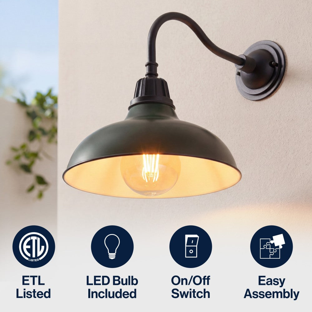 Flynix 12.25" Farmhouse Industrial Indoor/Outdoor Iron LED Gooseneck Arm Outdoor Sconce