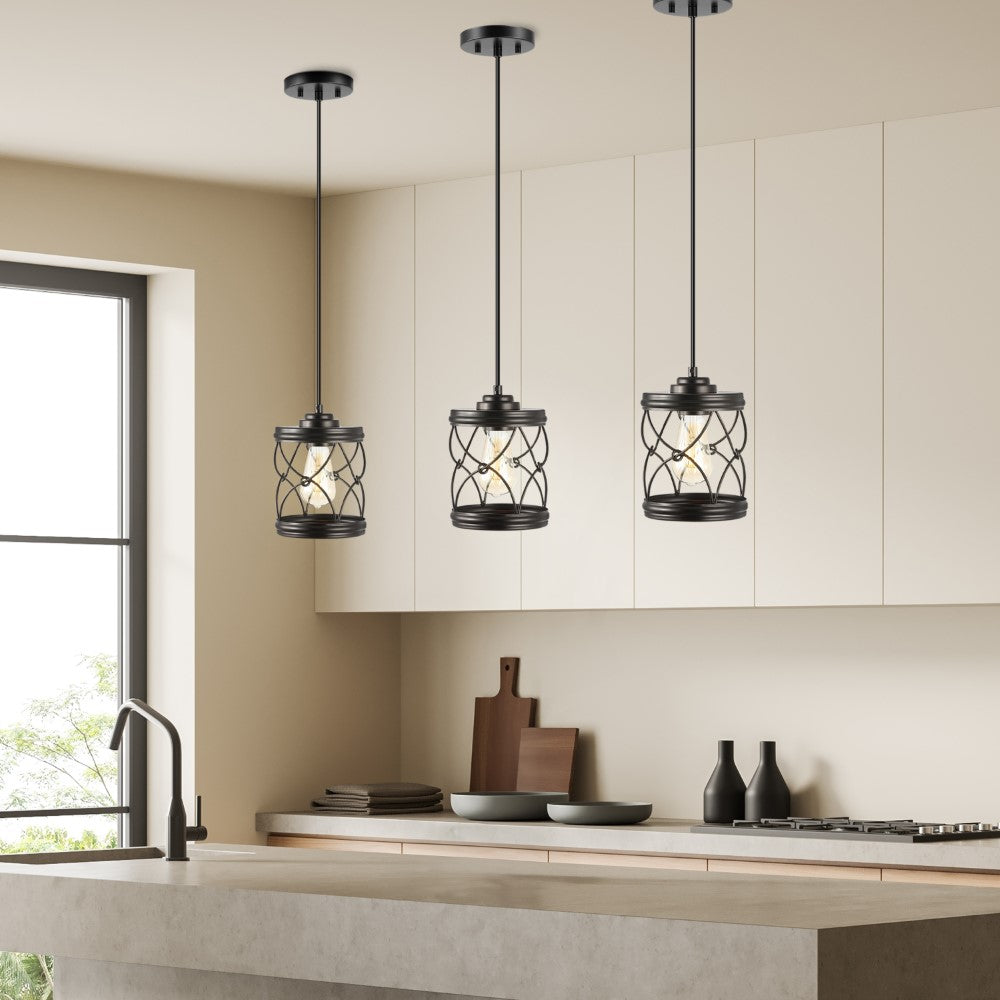 Mason 6.5" Farmhouse Industrial Iron Filigree Caged Jar LED Pendant