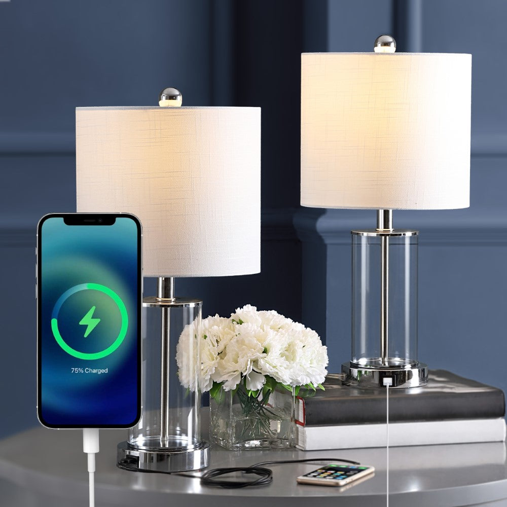 Eprif 21" Glass Modern Contemporary USB Charging LED Table Lamp, Set of 2