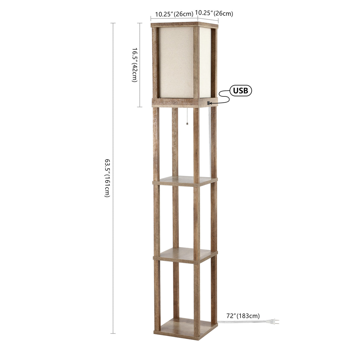 Ouch 63.5" Rustic Bohemian Wooden LED 3-Shelf Floor Lamp with Pull-Chain