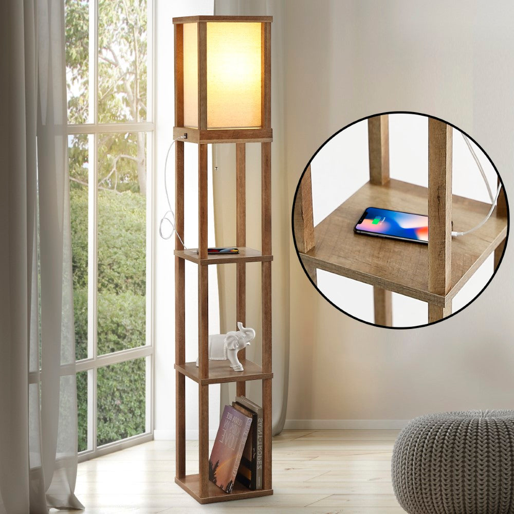 Ouch 63.5" Rustic Bohemian Wooden LED 3-Shelf Floor Lamp with Pull-Chain