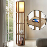 Ouch 63.5" Rustic Bohemian Wooden LED 3-Shelf Floor Lamp with Pull-Chain