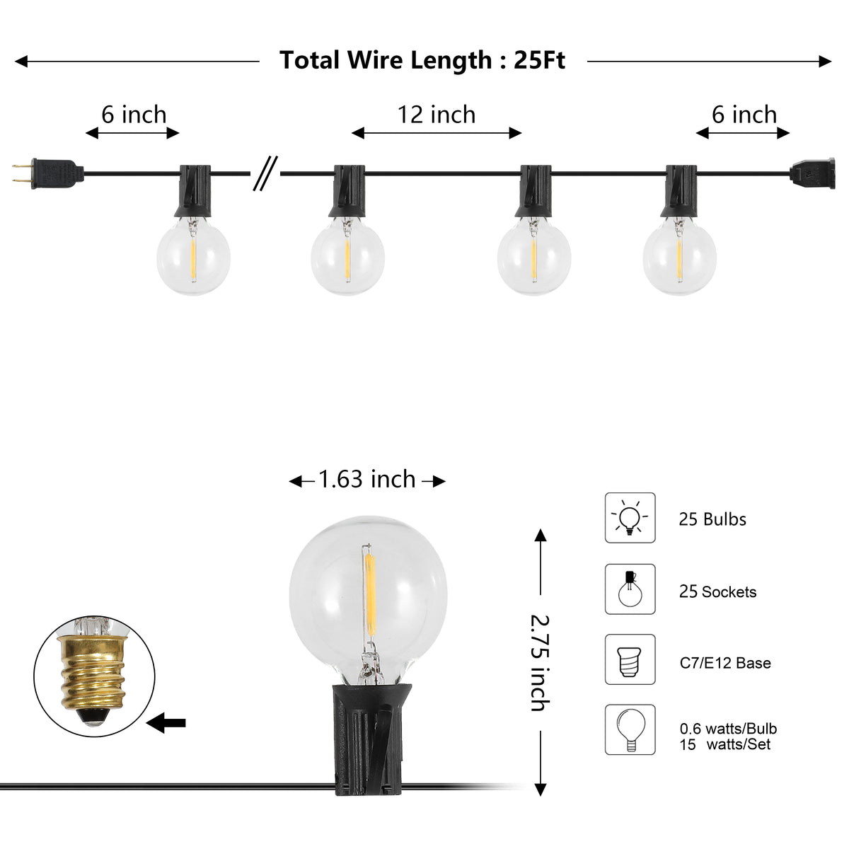 Brit 25-Light Indoor/Outdoor 25 ft. Contemporary Rustic Incandescent G40 Bistro Globe Bulb String Lights