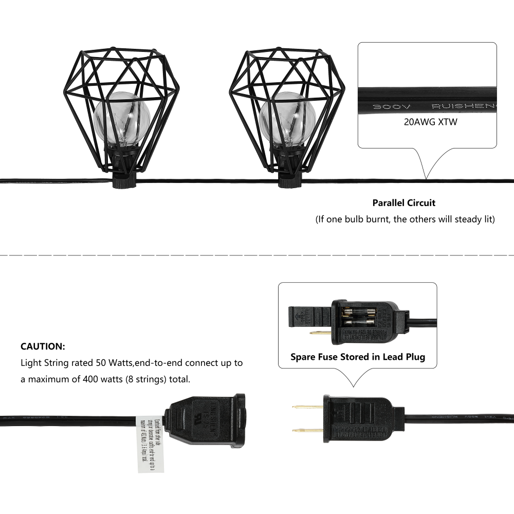 Londo 10-Light Indoor/Outdoor 10 ft. Contemporary Transitional Incandescent G40 Diamond Cage String Lights, Black