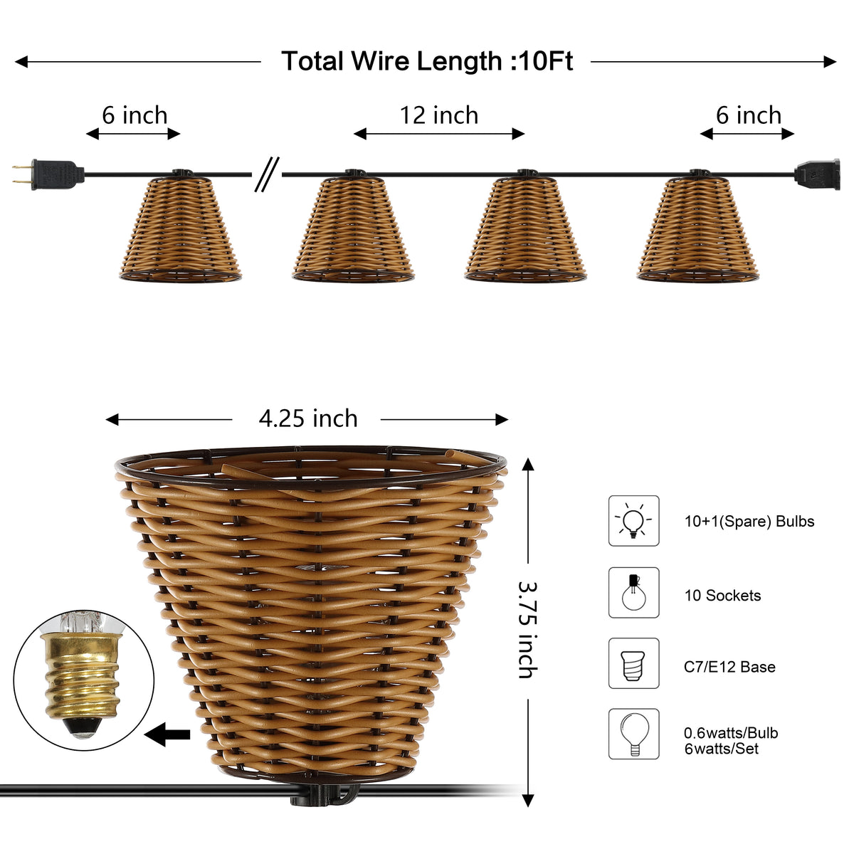 Hampton 10-Light Indoor/Outdoor 10 ft. Classic Cottage Incandescent G40 Faux-Rattan Shaded String Lights