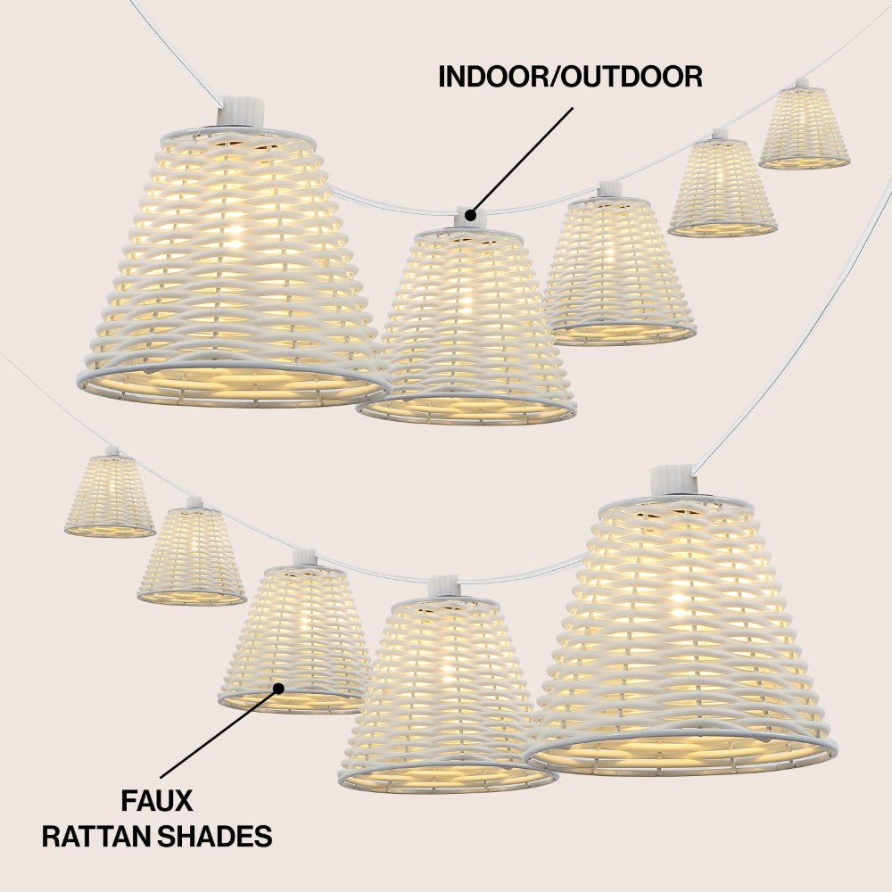 Hampton 10-Light Indoor/Outdoor 10 ft. Classic Cottage Incandescent G40 Faux-Rattan Shaded String Lights