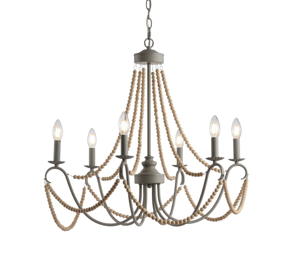 Azuero 6-Light 27" Adjustable Greige Metal/Wood Bead LED Chandelier
