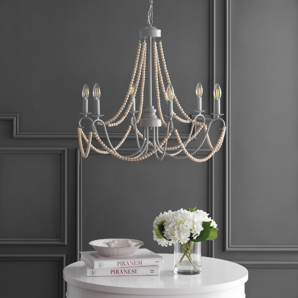 Azuero 6-Light 27" Adjustable Greige Metal/Wood Bead LED Chandelier