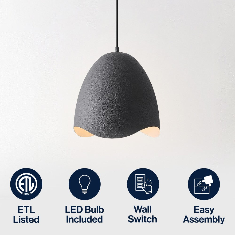 Luella 11.75" 1-Light Bohemian Coastal Adjustable Plaster-Look Organic Scalloped Dome Metal LED Pendant