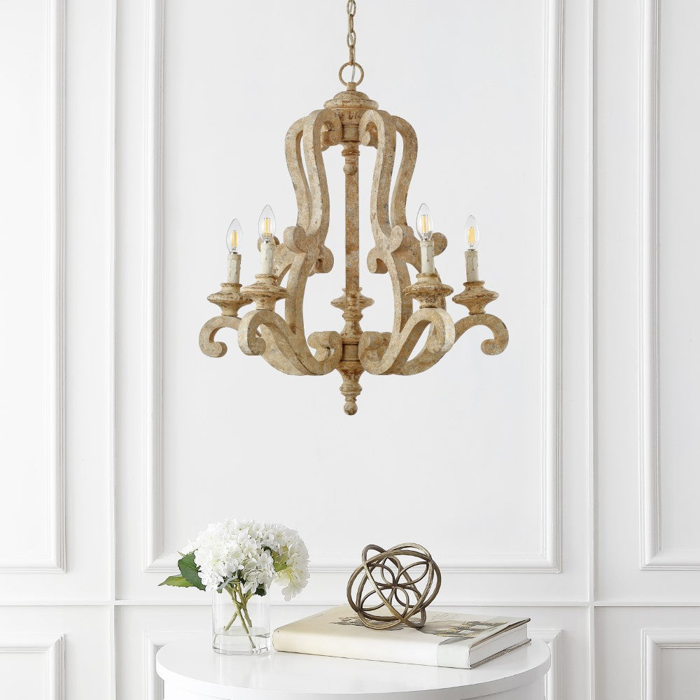 Capote 5-Light 27" Adjustable Wood/Iron Rustic Scrolled LED Chandelier