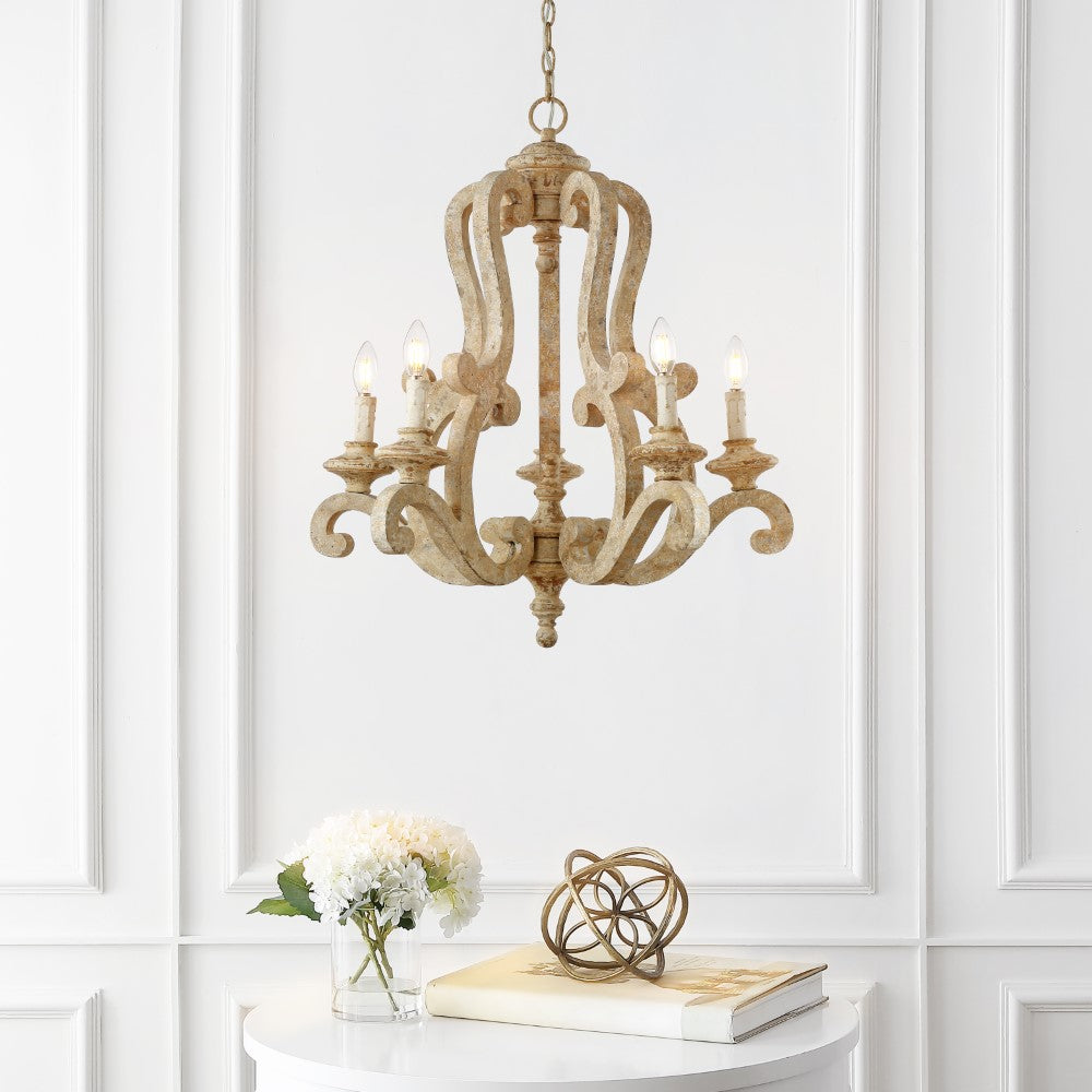 Capote 5-Light 27" Adjustable Wood/Iron Rustic Scrolled LED Chandelier