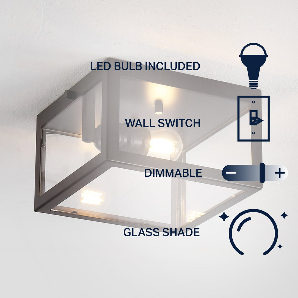 Baxter 8" Farmhouse Industrial Square Iron/Glass Case LED Flush Mount