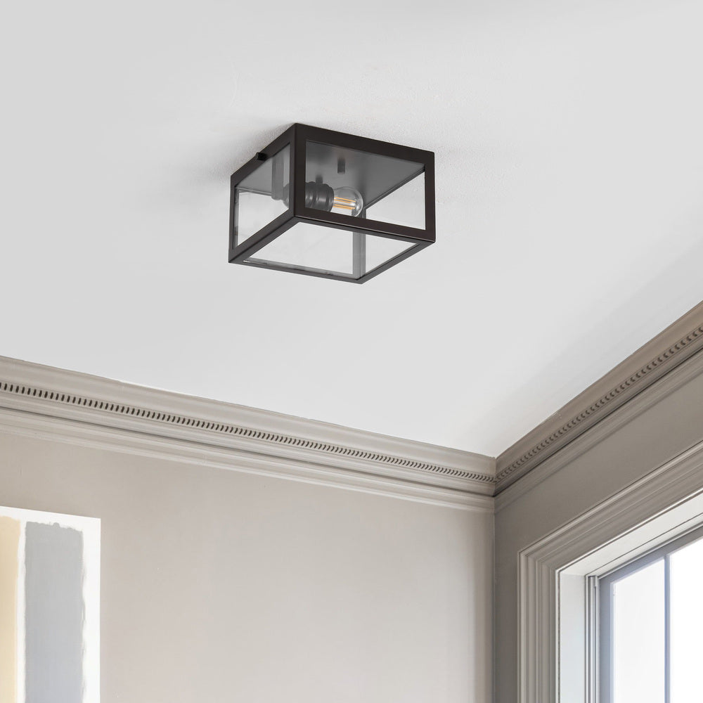 Baxter 8" Farmhouse Industrial Square Iron/Glass Case LED Flush Mount