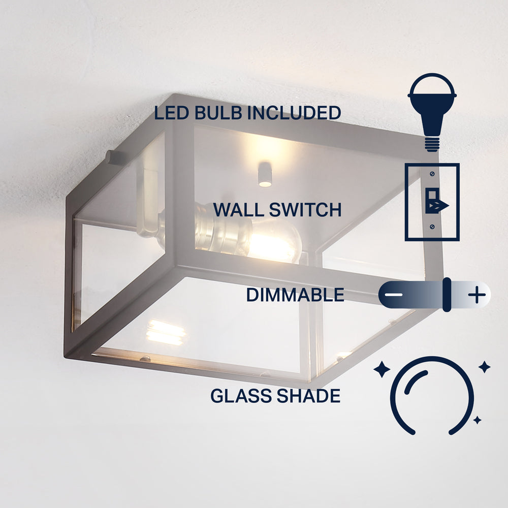 Baxter 8" Farmhouse Industrial Square Iron/Glass Case LED Flush Mount
