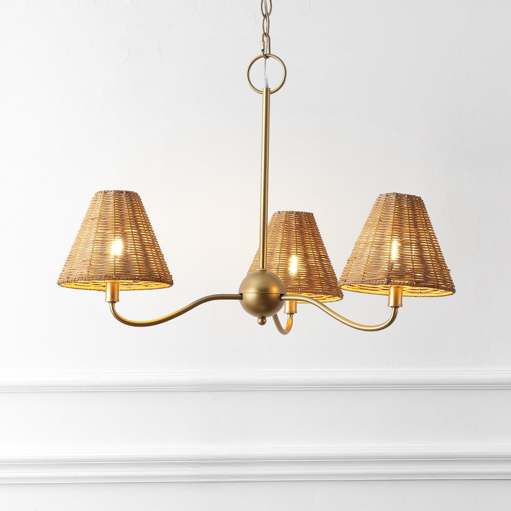 Grady Coastal Farmhouse Adjustable Swooping Arm Metal with Hand-Woven Rattan Shades LED Chandelier