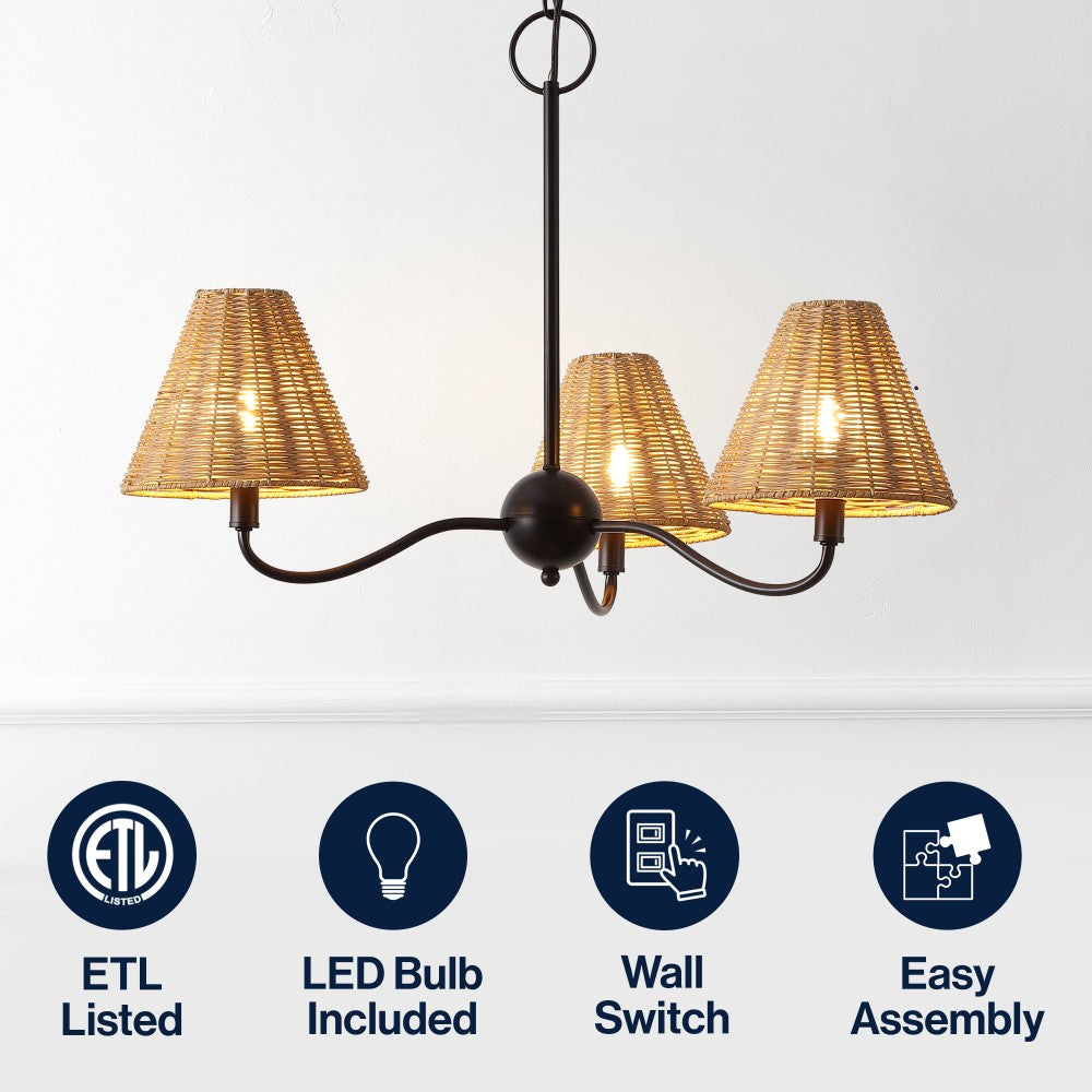 Grady Coastal Farmhouse Adjustable Swooping Arm Metal with Hand-Woven Rattan Shades LED Chandelier